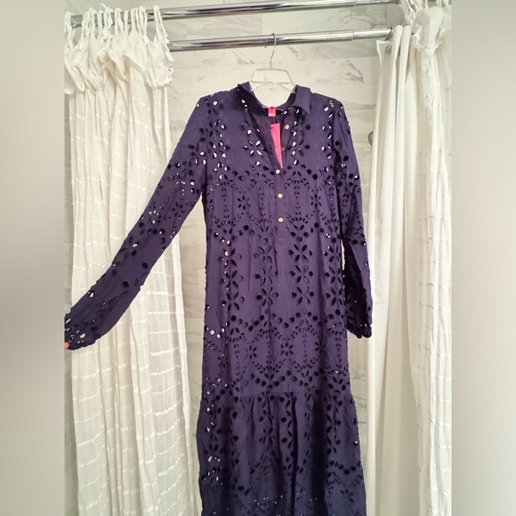 Lilly Pulitzer Zia Eyelet Midi Shirtdress Navy Blue Size 10 - Picture 3 of 11